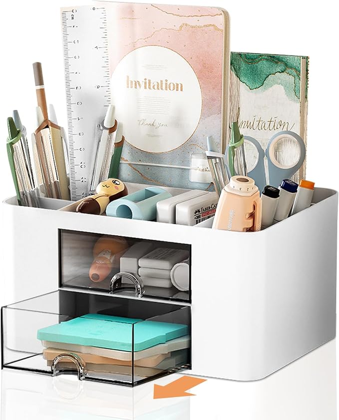 Cayxenful Pencil Pen Holder for Desk, 2 Drawer Desk Organizers, 5 Compartments by Cayxenful