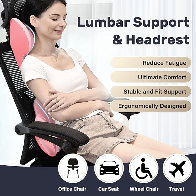 Coverado Lumbar Support and Car Neck Pillow, Ergonomic Memory Foam Desk Chair Cushion and Headrest Pillow for Car Office Chair, Sciatica & Neck & Tailbone Cushion-Pink-DeskLoop Office