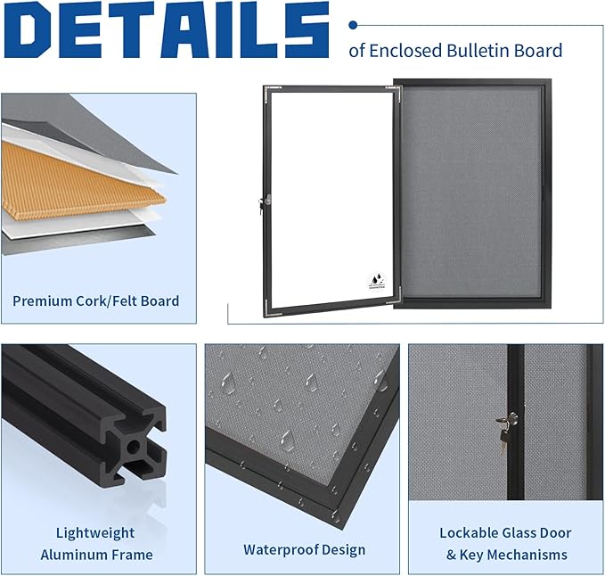 Outdoor Weatherproof Enclosed Fabric Bulletin Board,Noticeboard Case with Lockable Glass Door, Grey Felt,Black Aluminum Frame, 36x24 Inch (5xA4)-DeskLoop Office