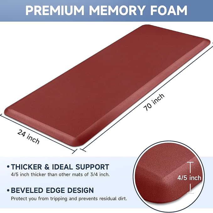 4/5 Inch Thick Kitchen Mats for Floor, StepRite Kitchen Rug for Standing Desk, Non-Slip, Thicker, Stain Resistant, Waterproof, Comfort Anti Fatigue Floor Mat for Home, Kitchen, Office - Red,70 * 24''-DeskLoop Office