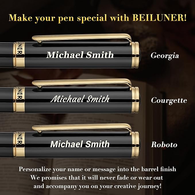 BEILUNER Black Personalized Fountain Pen, Stunning Luxury Lacquer, 24K Gilded - Image 2