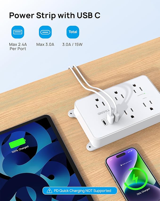 TROND Power Strip with USB, 10ft Extension Cord Surge Protector, 5 Widely Spaced Outlets with 3 USB Ports, ETL Listed, 1300J, Low-Profile Flat Plug, Wall Mountable, White