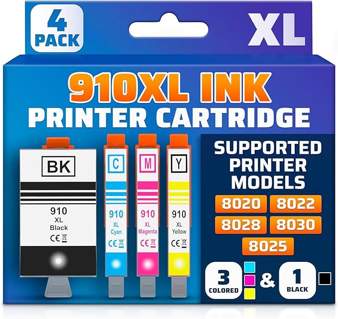 910XL Printer Ink Cartridges 4 Pcs – Includes 910XL Black & Color Ink – Compatible with HP 8020, 8025, 8028, 8030, 8035, 8010, 8015, 8018, 8022 – Quality Prints – Easy Installation-DeskLoop Office