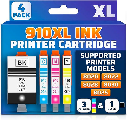 910XL Printer Ink Cartridges 4 Pcs – Includes 910XL Black & Color Ink – Compatible with HP 8020, 8025, 8028, 8030, 8035, 8010, 8015, 8018, 8022 – Quality Prints – Easy Installation-DeskLoop Office
