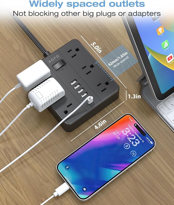 Flat Plug Power Strip, AOFO 5 Ft Extension Cord with 12 Outlets & 6 USB Ports (4 USB-A, 2 USB-C), Surge Protector, Ideal for Home, Office, Dorm, Large Spaces, Reliable and Safe, Black-DeskLoop Office