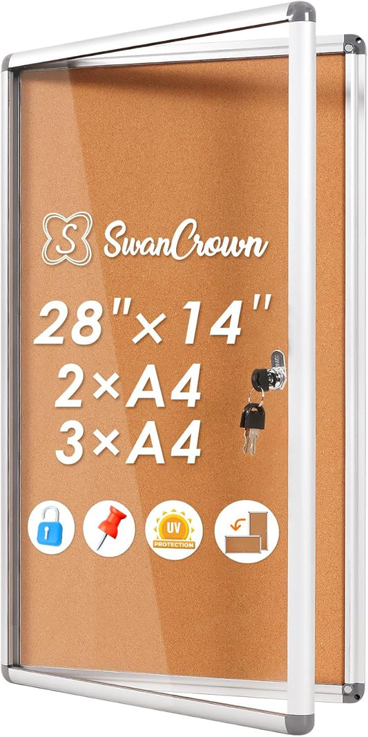 SWANCROWN Lockable Noticeboard Wall-Mounted Bulletin Pin Cork Boards Message Board with Aluminium Frame 28x14 inch-DeskLoop Office