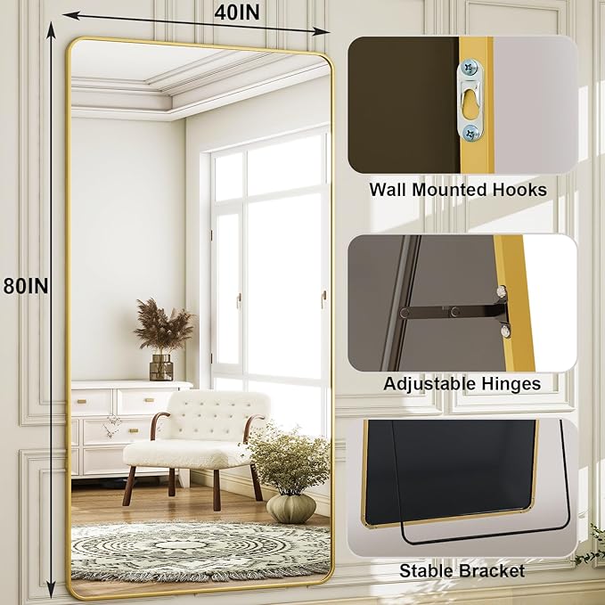 HARRITPURE 80x40 inch Oversized Full Length Mirror Aluminum Frame Floor Mirror Rectangular Full Body Mirror with Stand for Living Room,Bedroom,Cloakroom,Gold-DeskLoop Office