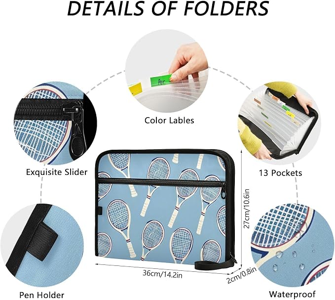 Expanding File Folder Tennis Racket Blue Accordion File Organizer 13 Pockets - Image 4