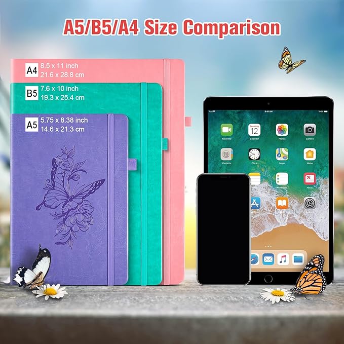 Lined Notebook Journal for Women Men, 312 Numbered Pages B5 Thick Leather Journals for Writing, Daily Diary Journal for Work School, Hardcover College Ruled Notebook, Butterfly Flower Notebook, Red-DeskLoop Office