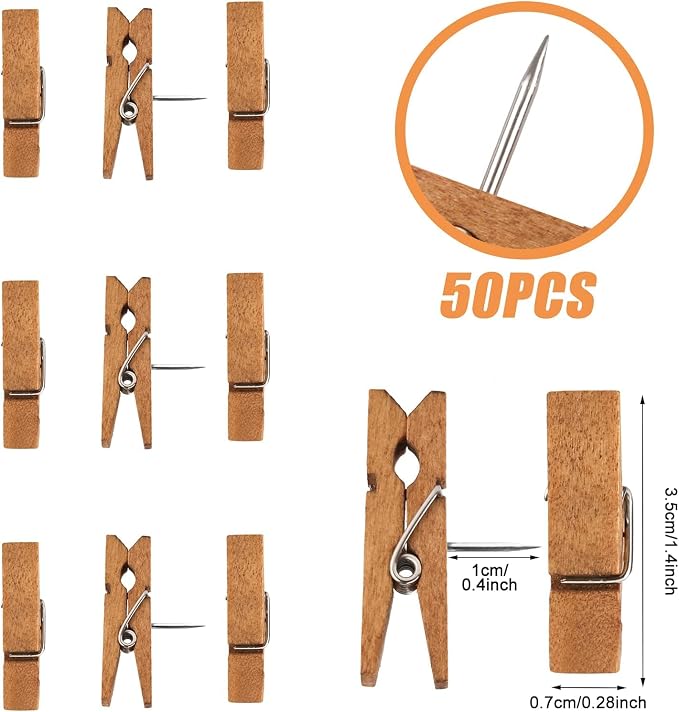 50 PCS Push Pin with Wooden Clips, Durable Wooden Push Pins, Decorative - Image 2