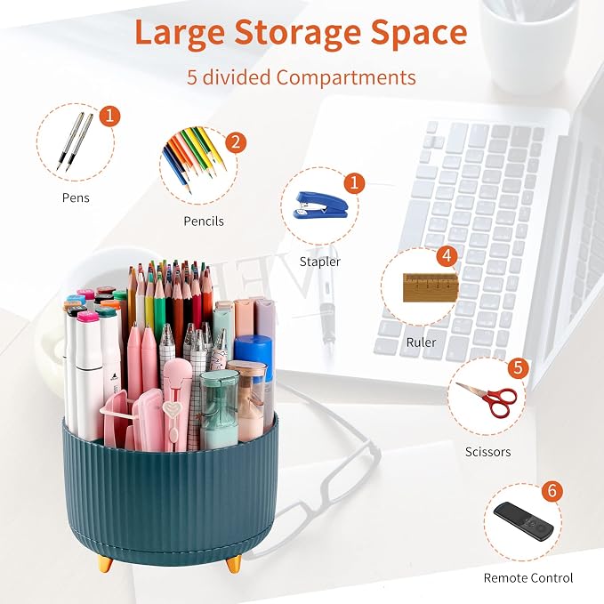 Desk Pencil Pen Holder, 5 Slots 360°Degree Rotating Pen Organizers - Image 3