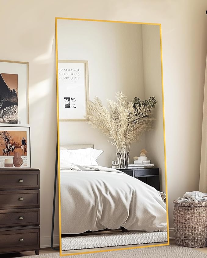 Full-Length Floor Mirror with Stand, 71"x28" Rectangle Style Full Body Standing Mirror for Bedroom, Living Room, Gym, Dorm - Shatter-Resistant & Easy Assembly, Gold-DeskLoop Office