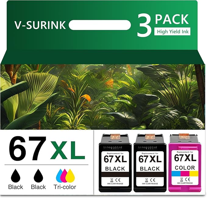 Compatible -Hp Ink 67xl Black and Color Combo Pack New, Hp Envy 6455e Ink Cartridges, 67xl High Yield 3-Pack (2 Black+1 Tri-Color), for Deskjet 2700/4100, Deskjet Plus 4100/4155 (Not for HP+)-DeskLoop Office
