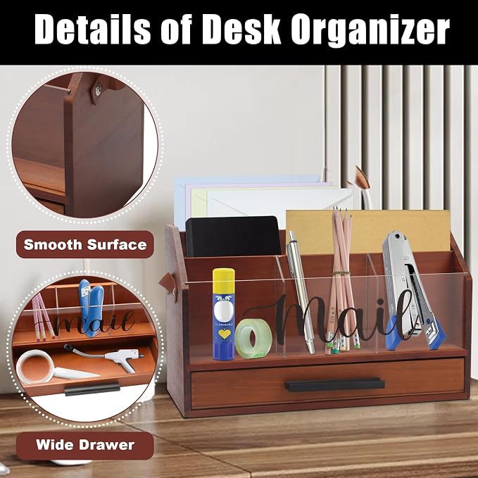 Wood Desk Organizer with Drawer, Bill Mail Organizer Countertop Workspace - Image 3