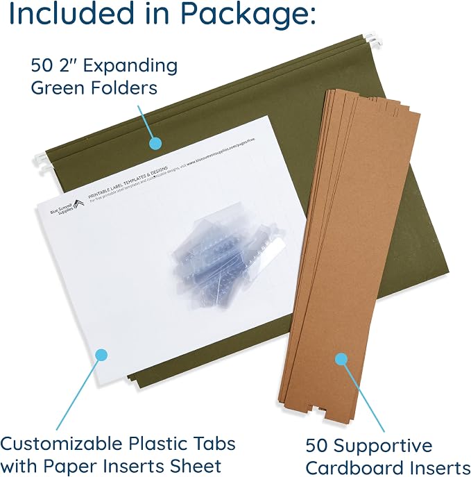 50 Extra Capacity Hanging File Folders, Heavy Duty, 2’’ Expansion Filing Folders - Image 2
