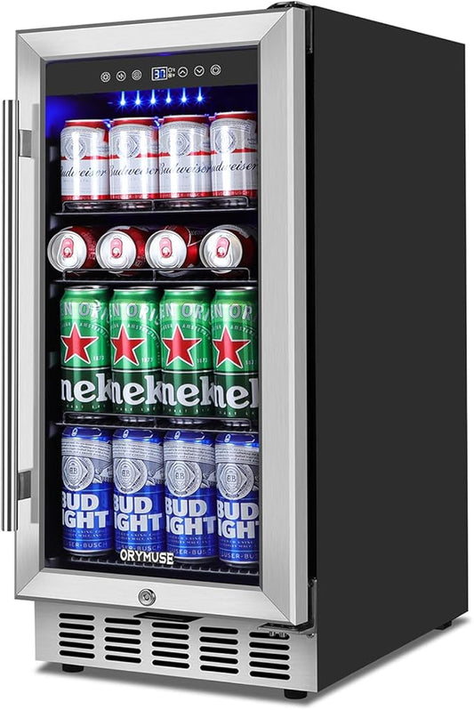 15 Inch Beverage Refrigerator, 130 Can Capacity Under Counter Fridge with Lock & Glass Door, Quiet Built-in or Freestanding Beer Cooler, Powerful Compressor for Fast Cooling-DeskLoop Office