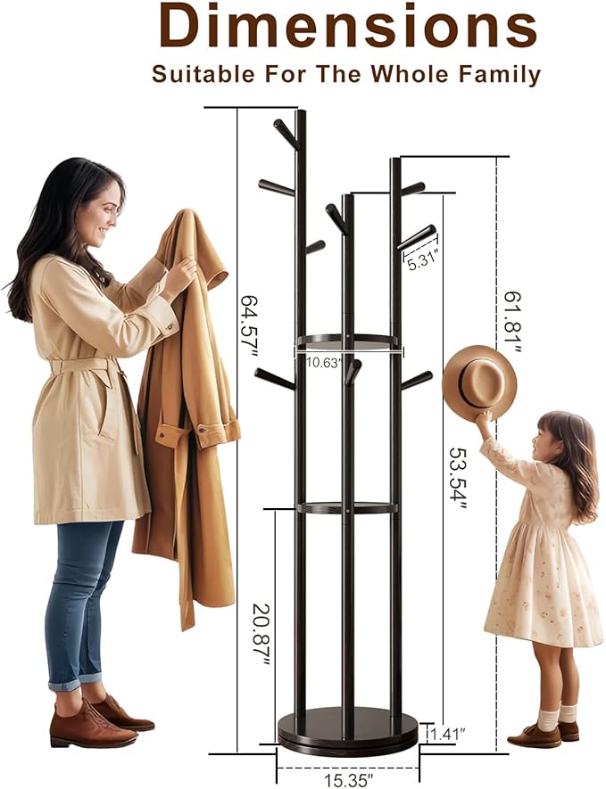 Solid Wood Rotary Coat Rack, Freestanding Coat Rack with 3 Shelves and 9 Hooks, Coat tree for Bedroom, Entryway, Livingroom, Coat Hanger Stand for Coats, Scarves, Handbags (Black)-DeskLoop Office