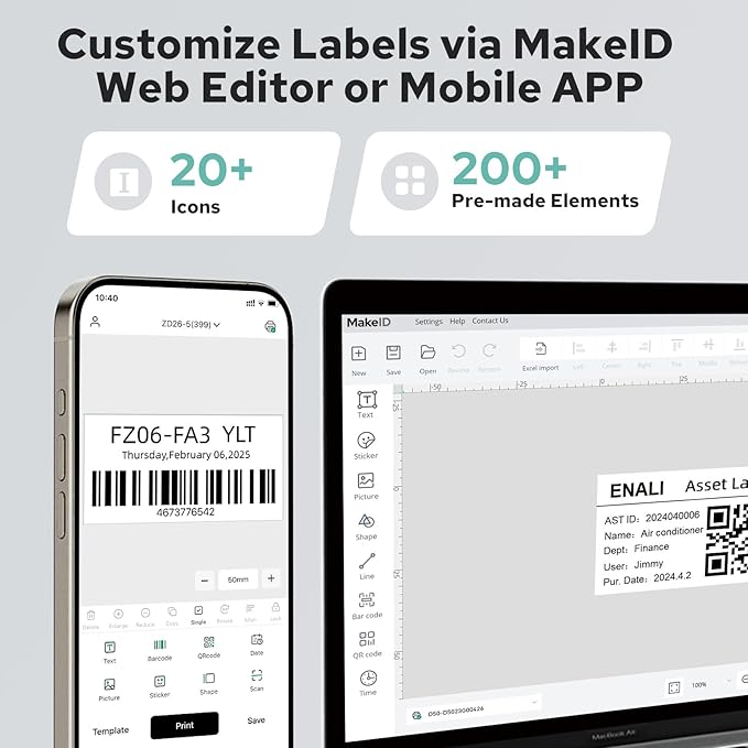 Makeid D50 Industrial Label Printer, Desktop Label Maker 2" Print Head, Mobile APP & PC Editor Compatible, 2600mAh Li-ion Battery, Come with 1.97" W x 26.24ft L Label Heavy-Duty Labeler for Job Sites-DeskLoop Office