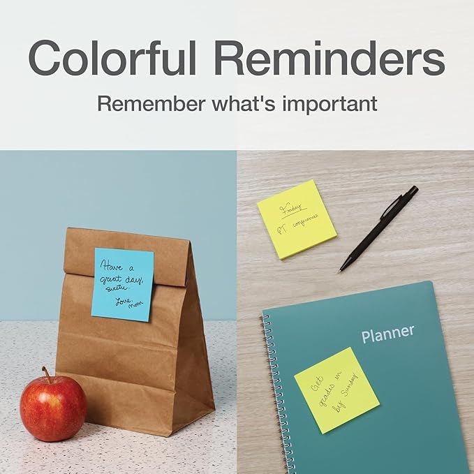 Redi-Tag Sticky Notes, Power Stick Notes, Adhesive Reminders, 3" x 3" Reusable Notes, Strong Adhesive Memos, Assorted Bright Colors, 18 Pack (1000977)-DeskLoop Office