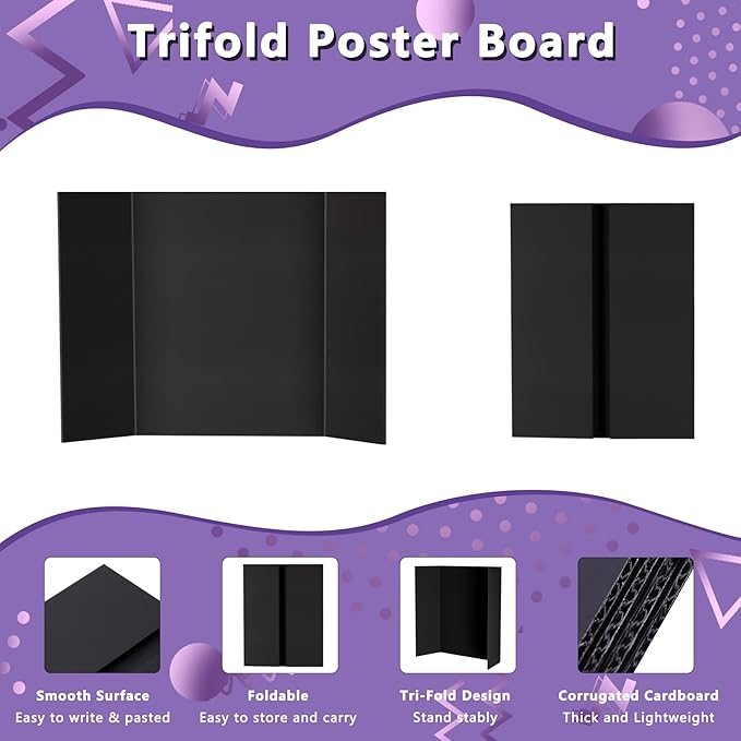 4 Pack Small Trifold Poster Board 21" x 14" Tri Fold Poster Boards Black Corrugated Cardboard Project Boards for Presentations, School Projects, Science Fair, Exhibition Event Display-DeskLoop Office