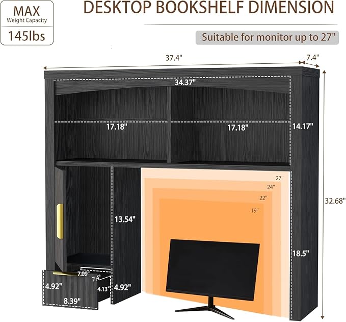 Desk Hutch Shelf, Desktop Shelf Organizer 37 inch Wide Desktop Bookshelf 2-Tier - Image 2