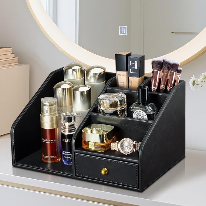 KINGFOM PU Leather Desk Organizer, Multifunction 6 Compartment Desk Organizers and Accessories for Office Supplies, Pen Pencil Holder/Book Mail Organizer Holder for Desk with Drawer(Black)-DeskLoop Office