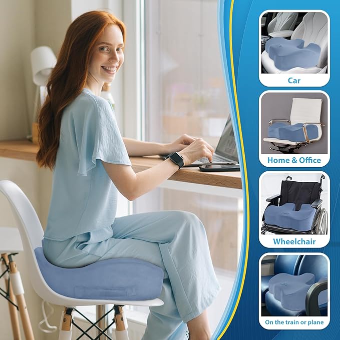 BlissTrends Seat Cushion,5.2in Thick Memory Foam Cushions for Office Chair, Car Seat, Airplane, Relieving Pressure Tailbone Sciatica Back Pain for Long Sitting Office Workers, Car Drivers LightBlue-DeskLoop Office
