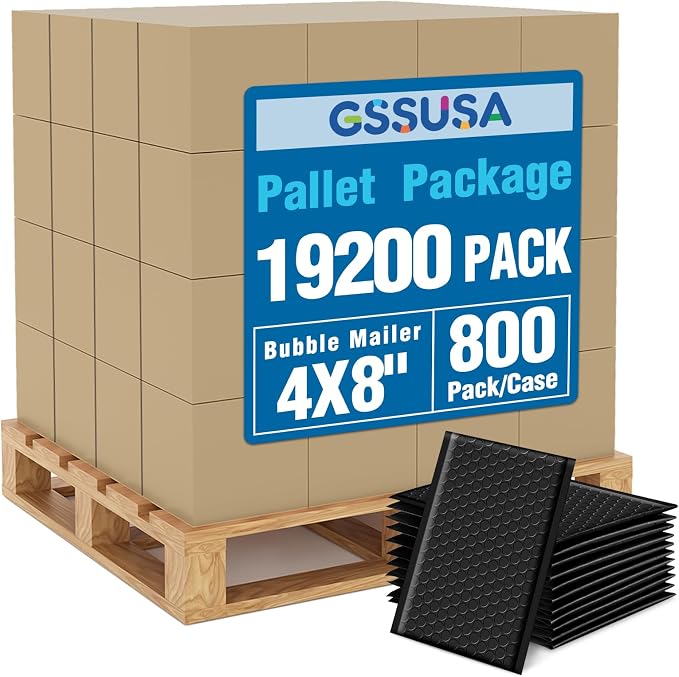 GSSUSA Black Bubble Mailers 4x8" Inches 1pallet 19200 Pack, Usable Size 4X7" by GSSUSA