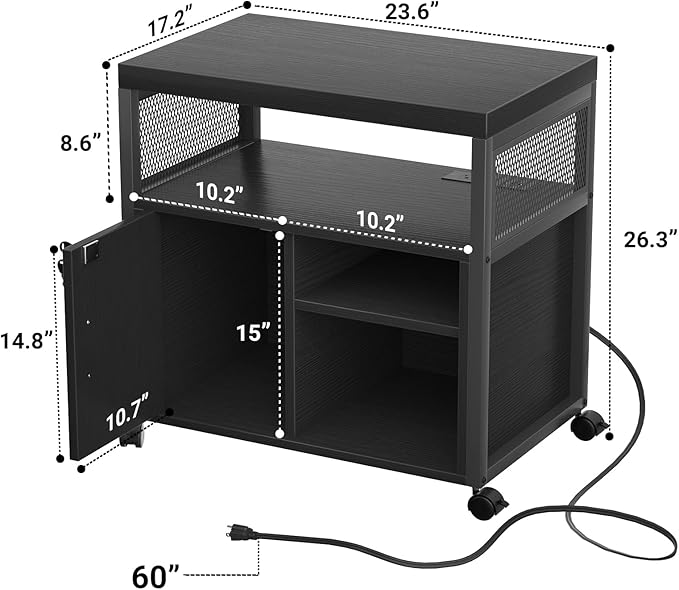 Unikito Lateral File Cabinet, Locking Office Filing Cabinets with Socket and USB Charging Port, Modern Rolling Printer Stand with Storage for A4, Letter Size and File Folders, Black-DeskLoop Office