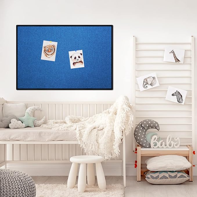 JILoffice Cork Linen Bulletin Board 36 X 24 Inch (Blue), Black Aluminum Frame Wall Mounted Board Memo Pin Board for Office Home and School-DeskLoop Office