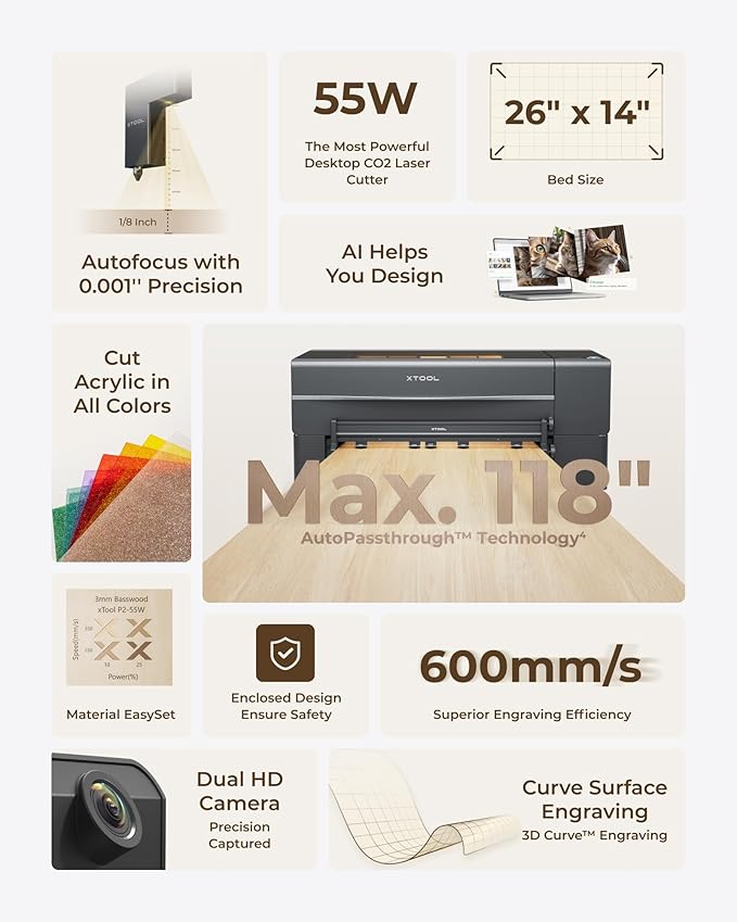 xTool P2S 55W CO2 Laser Cutter, Smart Desktop CO2 Laser Engraver and Cutter Machine, Dual Smart 16MP Cameras, 3D Curved Cylinder Engraving, Create with Wood and Metal Acrylic Glass Fabric Leather-DeskLoop Office