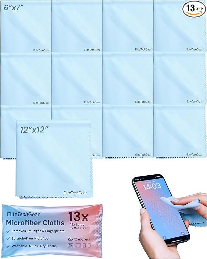 Elite Tech 13-Pack Microfiber Cloth Set - Washable Oversized Cleaner for Eyeglasses, Electronics, Screens & Lenses, Dual Sizes 6"x7" & 12" x12 - Microfiber Cleaning Cloth-DeskLoop Office