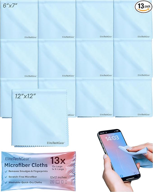 Elite Tech 13-Pack Microfiber Cloth Set - Washable Oversized Cleaner for Eyeglasses, Electronics, Screens & Lenses, Dual Sizes 6"x7" & 12" x12 - Microfiber Cleaning Cloth-DeskLoop Office