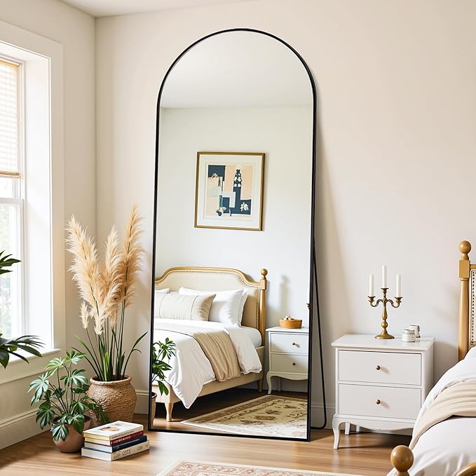 Full Length Mirror, 71"x26" Oversized Floor Mirror Freestanding, Full Body Mirror Floor Standing Mirrors with Stand, Hanging Mounted Mirrors for Bedroom Living Room, Black, Arched Style-DeskLoop Office