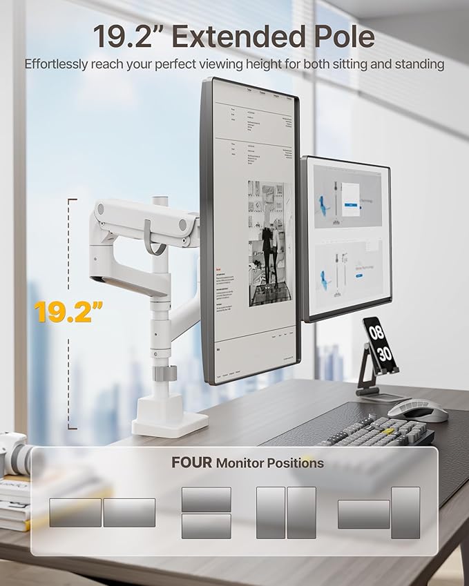 monTEK Dual Monitor Arm for up to 57" and 59.4 lbs Ultrawide Screen, Aluminum Heavy-Duty Gas Spring Vertical Stackable Curved Screen Adjustable Monitor Stand, 75/100mm Vesa Mount, White-DeskLoop Office