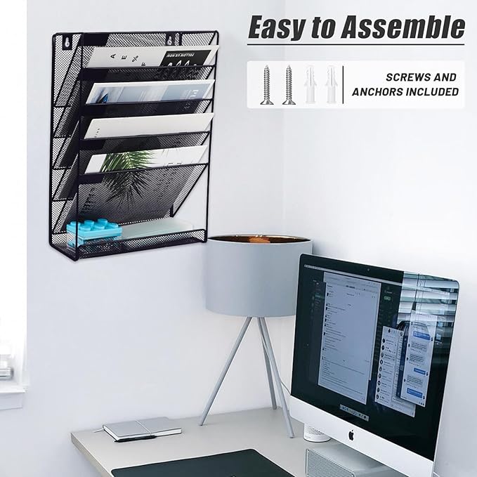 EASEPRES 6 Tier Mesh Hanging Wall File Organizer, Desk Mail Paper Document Folder Holder, Clipboard Storage Organization Magazine Rack with Bottom Tray and Nametag Label for Office Home School, Black-DeskLoop Office