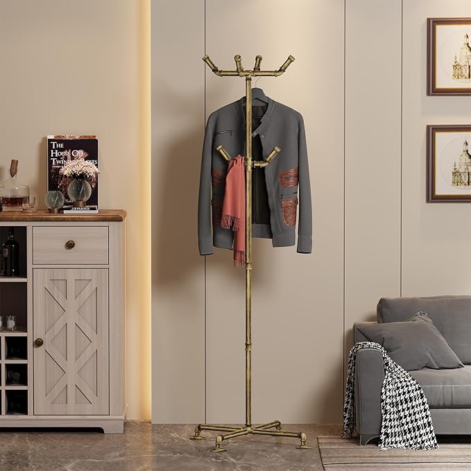 Industrial Coat Rack, Metal Pipe Coat Rack Stand Freestanding with 6 Hooks, Heavy Duty Coat Tree Sturdy Coat Racks for Entryway, Hallway, Bedroom (Vintage gold)-DeskLoop Office