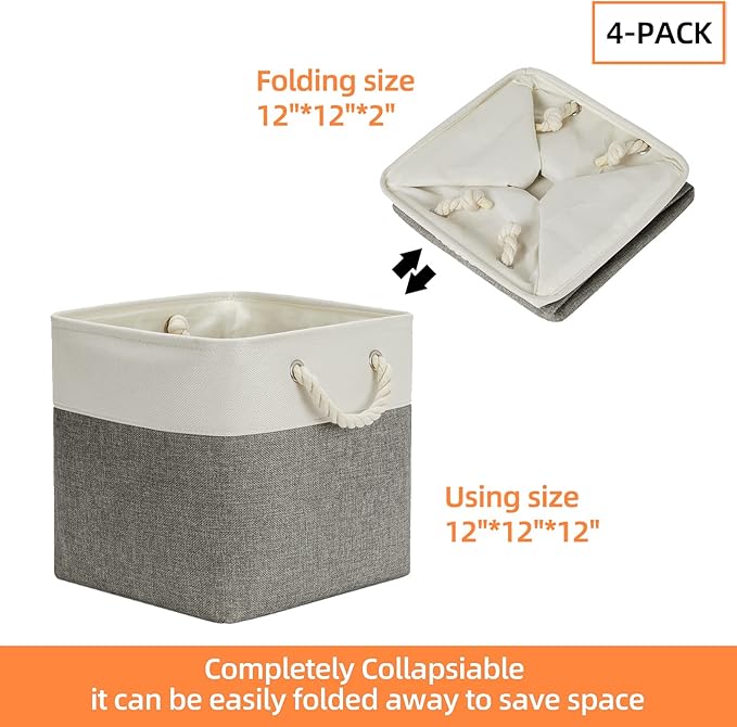 DULLEMELO Cube Storage Bins Set of 4 Fabric Storage Cubes Organizer Bin with Handles, Collapsible 12 Inch Cube Storage Baskets for Organizing, Closet, Shelf, Nursery (White&Grey)-DeskLoop Office