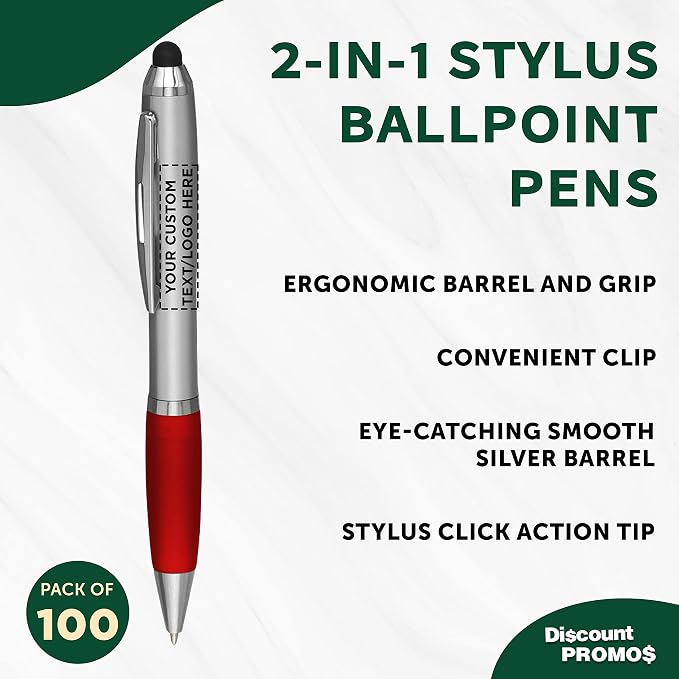 DISCOUNT PROMOS Custom Stylus Ballpoint Pens Set of 100, Personalized Bulk Pack - Image 3