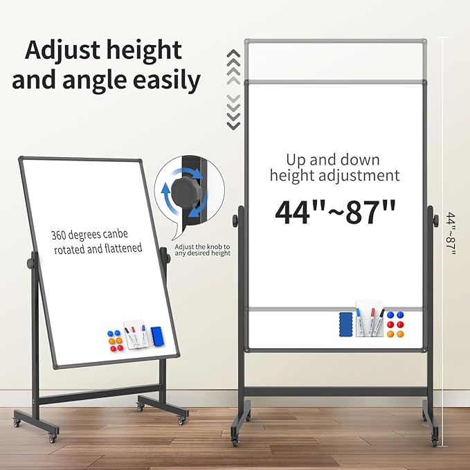 48x32inches Mobile Whiteboard - Adjustable Height, Standing Whiteboard on Wheels, Double-Sided Magnetic Dry Erase Board for Office, Home, Classroom-DeskLoop Office