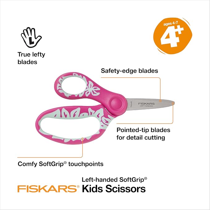 Fiskars 5" SoftGrip Left-Handed Kids Scissors, Pointed Tip, Safety Edge - Image 2