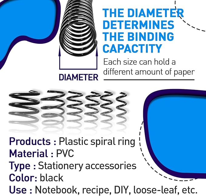 150 Pack Spiral Binding Coils, 4:1 Pitch Plastic Binding Coils Kit, 6 Different Sizes Spiral Coils for Binding 1/4", 5/16", 3/8", 1/2", 5/8", 3/4", Black Binding Spirals-DeskLoop Office