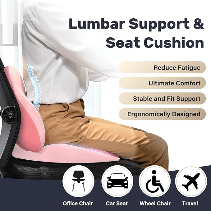Coverado Seat Cushion and Lumbar Support Pillow for Car Office Chair, Ergonomic Memory Foam Desk Chair Cushion Back Support Pillow, Sciatica & Back & Tailbone Pain Relief Cushion-Pink-DeskLoop Office