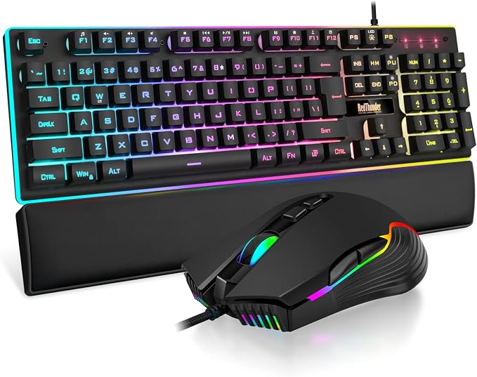 RedThunder K10 Wired Gaming Keyboard and Mouse and Wrist Rest Combo, RGB Backlit by RedThunder