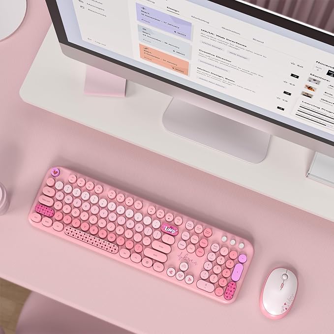 MOFII Wireless Keyboard and Mouse Combo, Full Size 2.4G Plug and Play Typewriter Retro Round Computer Keyboard and Mouse Set for Windows, Computer, Desktop, PC, Notebook - (Pink Colorful)-DeskLoop Office