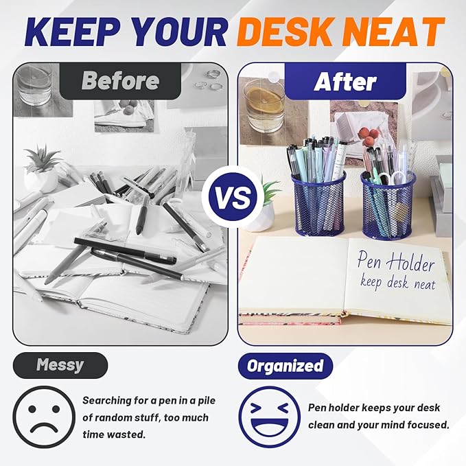 Segarty Pen Cup, 3 Pack Round Cute Dark Blue Pen Holder for Desk, Wire Mesh Pencil Holder Container Set, Desktop Organizer for Office Supplies, Maker, School, Home Storage, Makeup Brush-DeskLoop Office