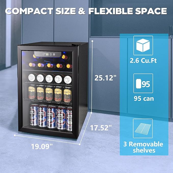 2.6 Cu.ft Beverage Refrigerator Cooler, 95 Can Mini Fridge Glass Door with Adjustable Shelves, Digital Temperature Display, Freestanding Small Drink Fridge for Home, Office or Bar(Black)-DeskLoop Office