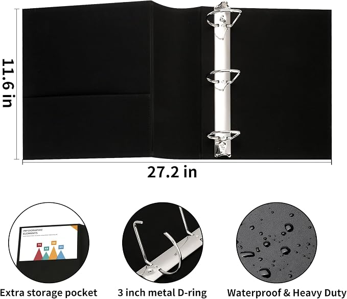 LETVPVOW Vintage Hardback 3 Ring Binder 3 Inch, Professional Leather Binder 3 - Image 3