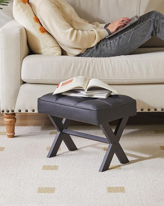IBUYKE Small 12" H Footrest Stool, Square PU Foot Stool with Metal X-Leg, Multi-Use as Small Side Table, Step Stool for Living Room, Bedroom, Entryway, Office, Black WBD012B-DeskLoop Office
