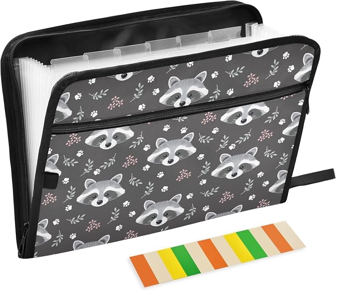Expanding File Folder Raccoon Grey Accordion File Organizer 13 Pockets Document by ALAZA